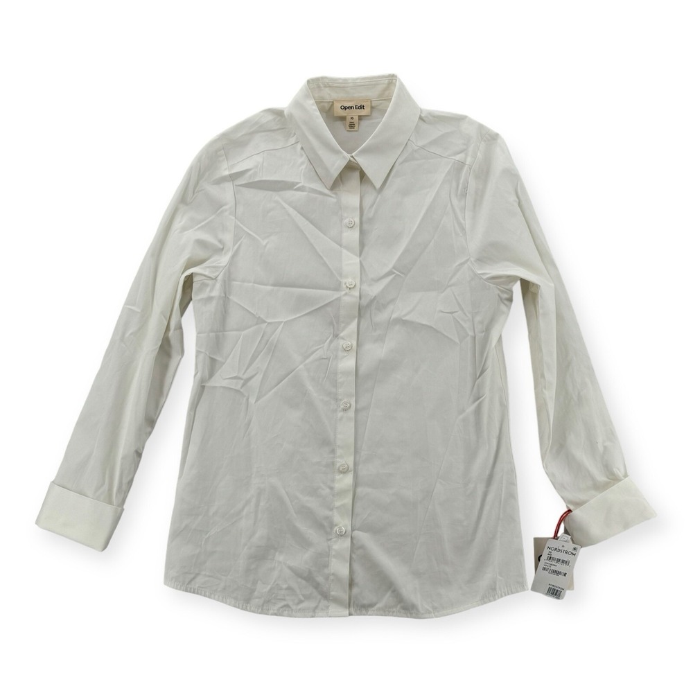 Open Edit Button Up Top Womens XS White Long Sleeve Cotton‎ Shirt Basic NEW